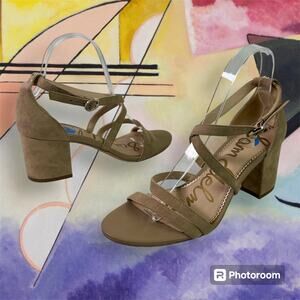 Sam Edelman Women's 7.5 Oatmeal Beige Suede Leather Stacy Strappy Heeled Sandals